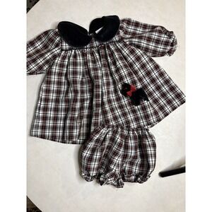 Vintage Alexis USA Baby Girls Plaid Dress Bloomers Set Scottie Dog Velvet 9M